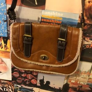 Faux Brown Leather Satchel with Sherpa detailing